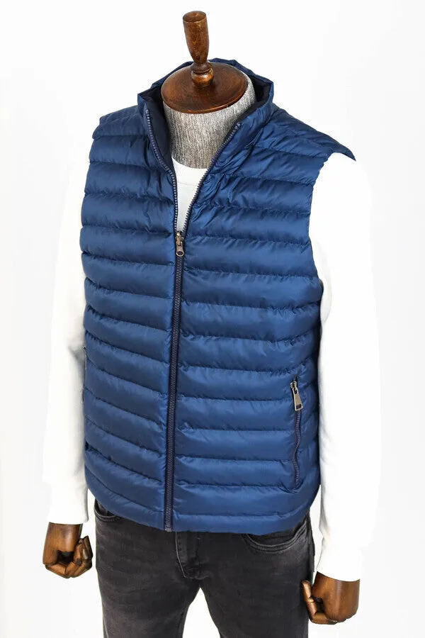 WSS Reversible Quilted Standing Collar Blue Men Down Vest  - Singen