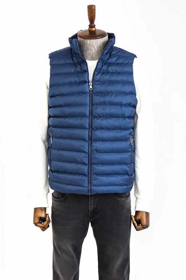 WSS Reversible Quilted Standing Collar Blue Men Down Vest  - Singen