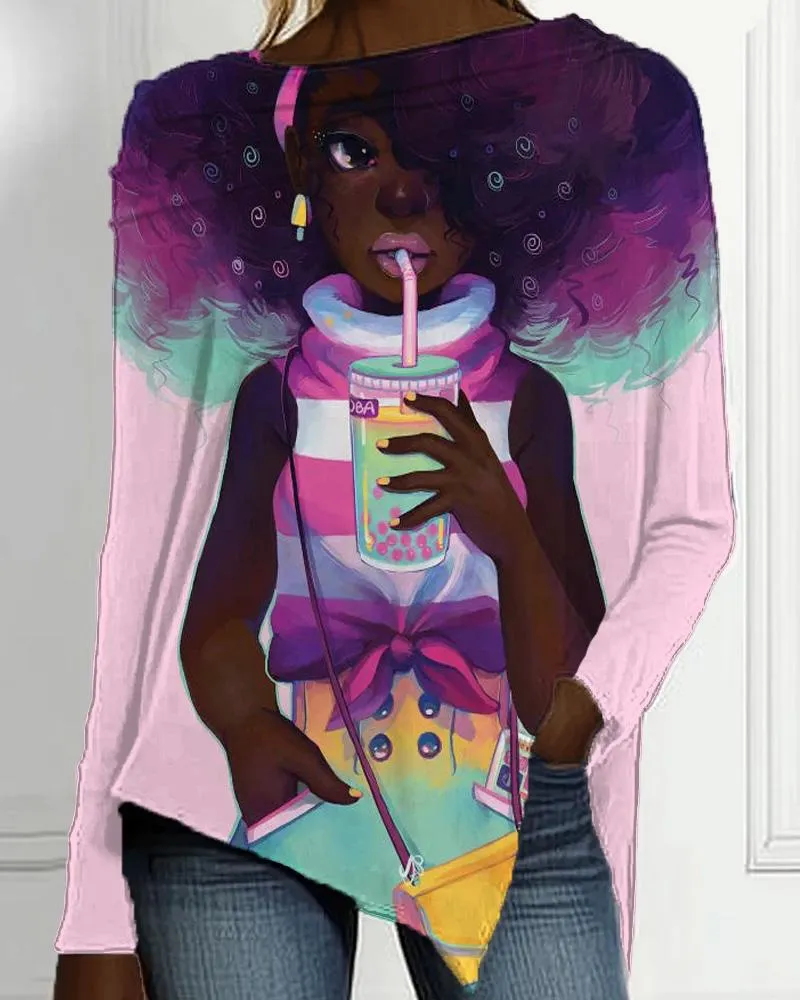 Y2K Cartoon Black Girl Print Irregular Ladies Top